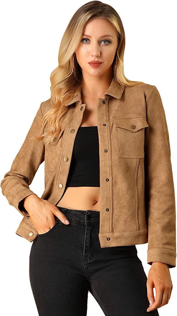 Allegra K Women's Turn-Down Collar Flap Pockets Snap Button Faux Suede Jacket | Amazon (US)