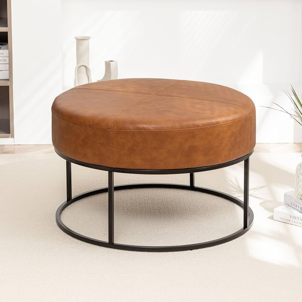 Modern Round Coffee Table, Farmhouse Ottoman Coffee Tables for Living Room, Large Vintage Leather... | Amazon (US)