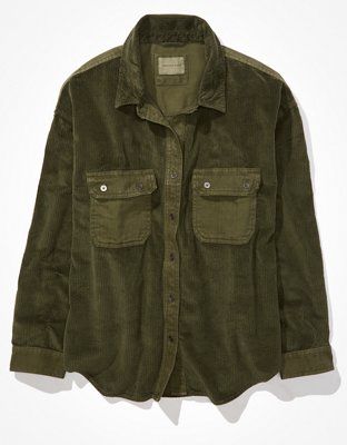 AE Long-Sleeve Mixed-Fabric Corduroy Shirt | American Eagle Outfitters (US & CA)