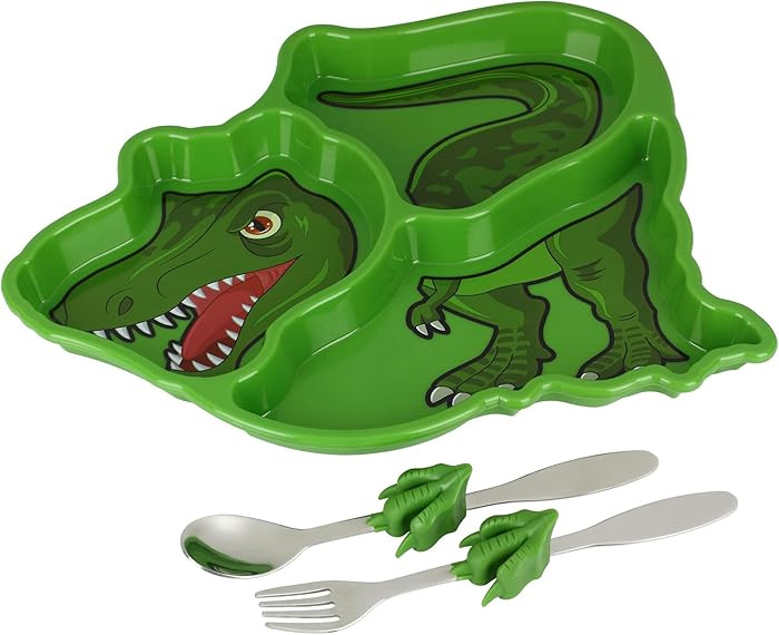 KidsFunwares T-Rex Dinosaur Me Time Meal Set, Portion Control Divided Plate with Fork and Spoon f... | Amazon (US)