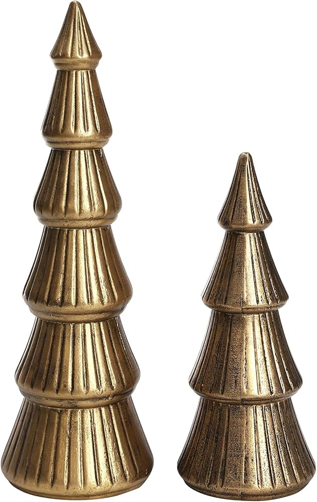 WONDROUS' DECO Wooden Christmas Tree Figurine, Tabletop Gold Tree Figurine, Set of 2 Desk Centerpiec | Amazon (US)
