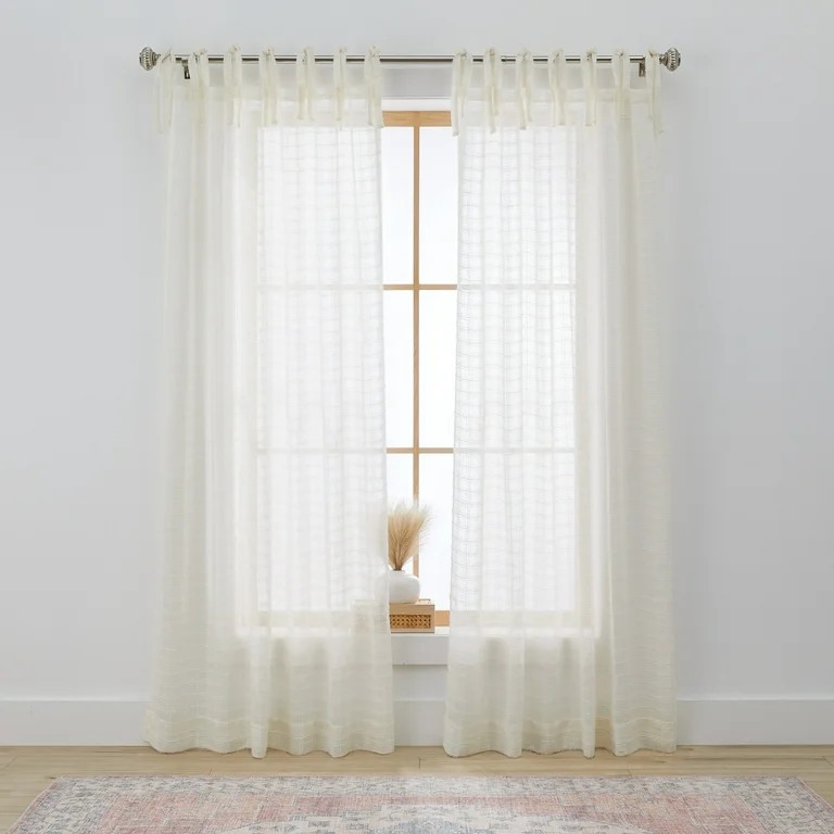 Better Homes & Gardens Sheer Windowpane Stitch Tie Top Single Curtain Panel, Vanilla Dream, 50" W... | Walmart (US)