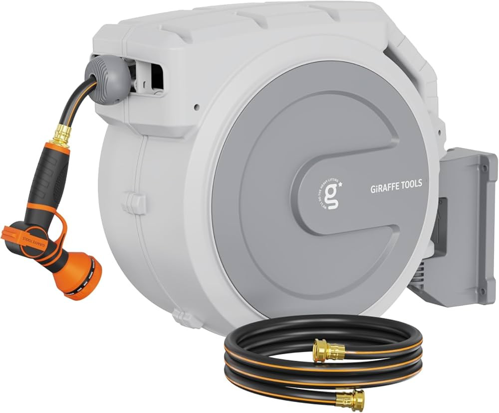 Giraffe Tools Heavy Duty Retractable Garden Hose Reel 130 FT, Wall Mounted with 9 Pattern Nozzle ... | Amazon (US)