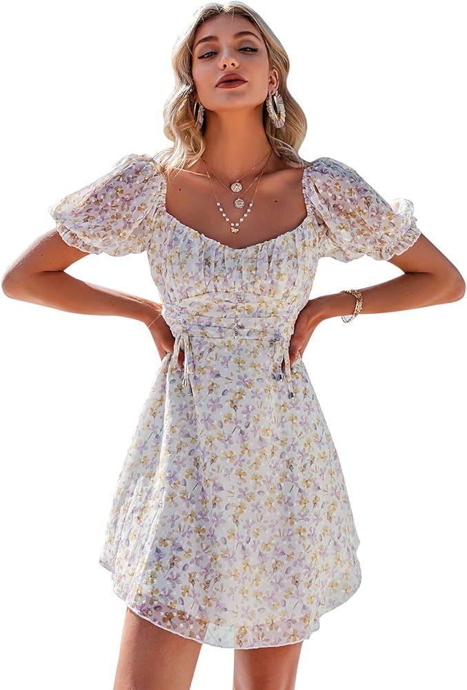 GRACEVINES Women’s Square Neck Ruffle Floral Print Mini Dress High Waist Smocked Summer Boho Sh... | Amazon (US)