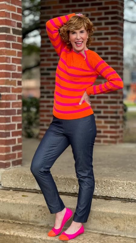 One of spring’s hottest color combos is pink and orange! 
🩷🧡

My cable knit sweater has fun zip detail on the shoulders! I paired it with these flattering dark faux denim flat-front ankle pants and the cutest pair of cap toe ballet flats!

#LTKfindsunder100 #LTKshoecrush #LTKstyletip