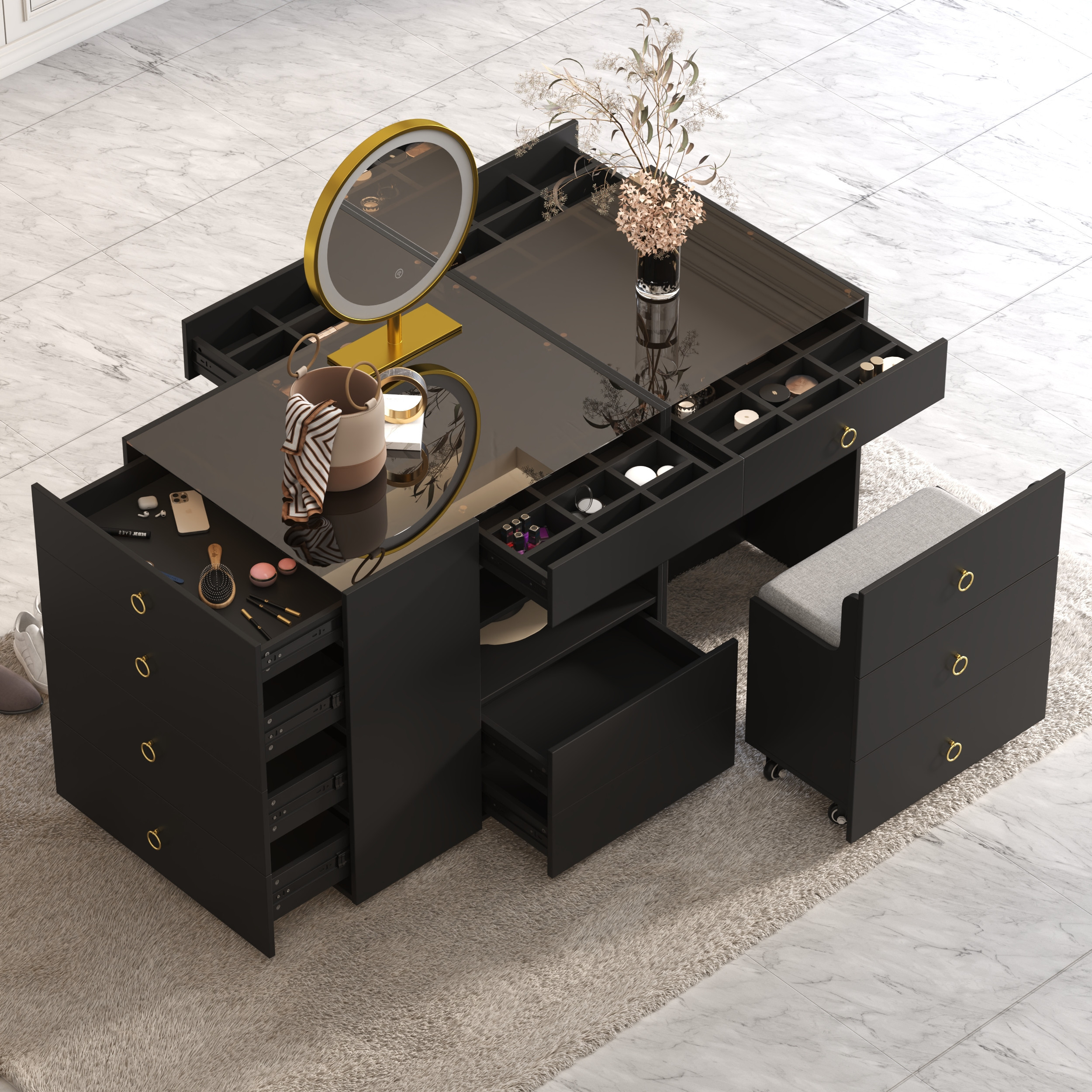 59"" Vanity Dresser Glass Top Walk in Closet Island with Storage & Stool | Homary