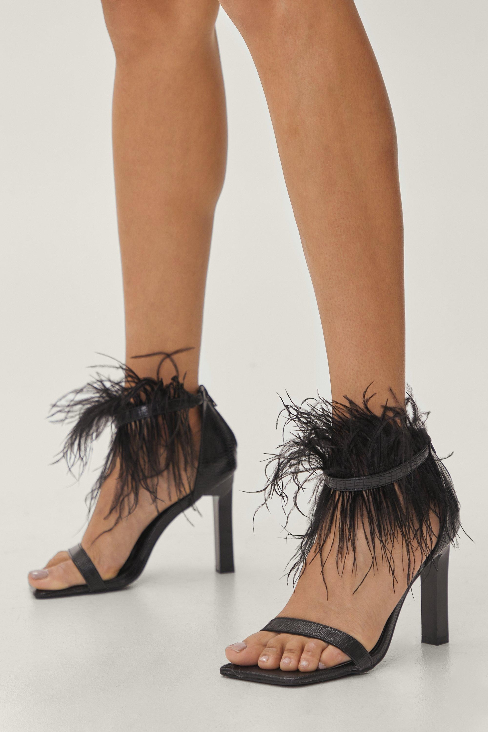 Womens Faux Leather Lizard Feather Strappy Heels - Black - 6 | Nasty Gal (US)