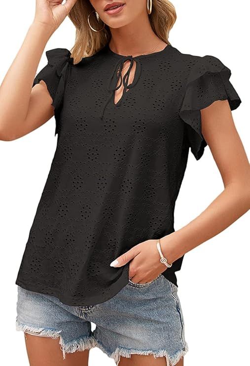 Women Summer Crochet Lace Eyelet Tops Short Sleeve Button Tunic Shirts Blouses | Amazon (US)