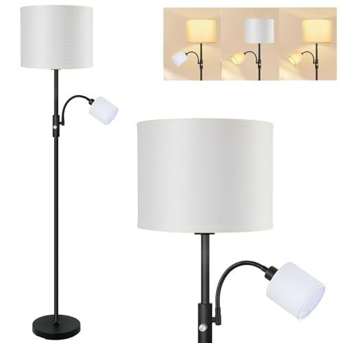 Floor Lamps Standing Lamp, Bright Stand up Lamp with Reading Light, White Lampshade, 62" Tall, 3-Way Rotary Switch, Black Corner Light for Bedroom Office, Modern Living Room Decor(LED Bulbs Included) | Amazon (US)
