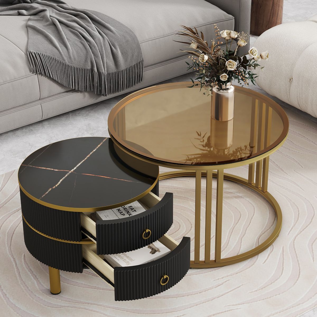 2-Piece Set Stackable Coffee Table with 2 Drawers, Nesting Tables with Tempered Glass and High Gl... | Target