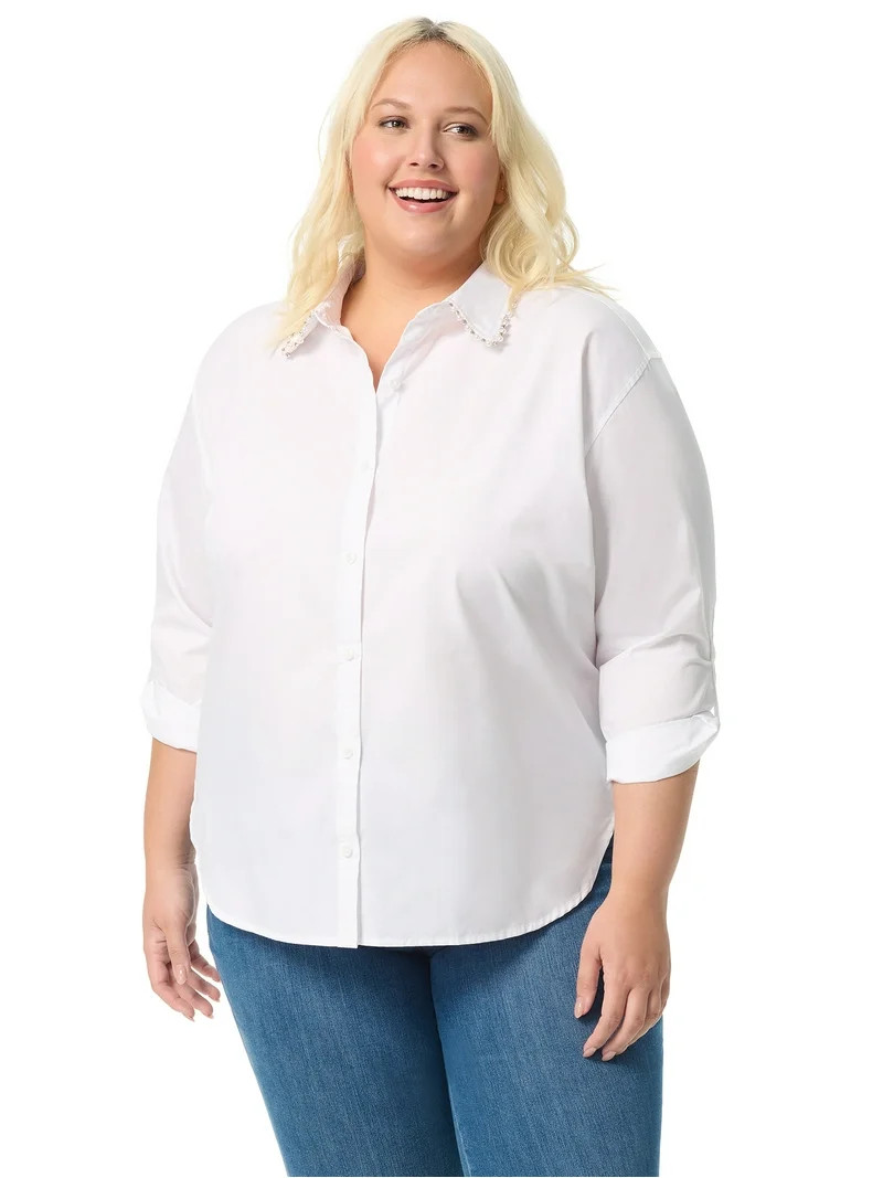 Gloria Vanderbilt Swan Series Women's Plus Amanda Shirt with Embellished Collar, Sizes 0X-4X | Walmart (US)