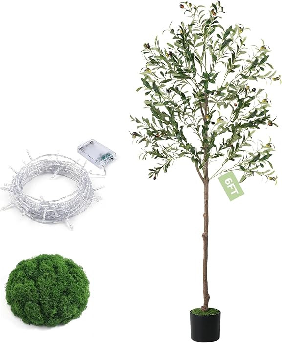Olive Tree, 6FT Tall Faux Olive Tree with Lights Moss and Planter, Olive Trees Artificial Indoor ... | Amazon (US)