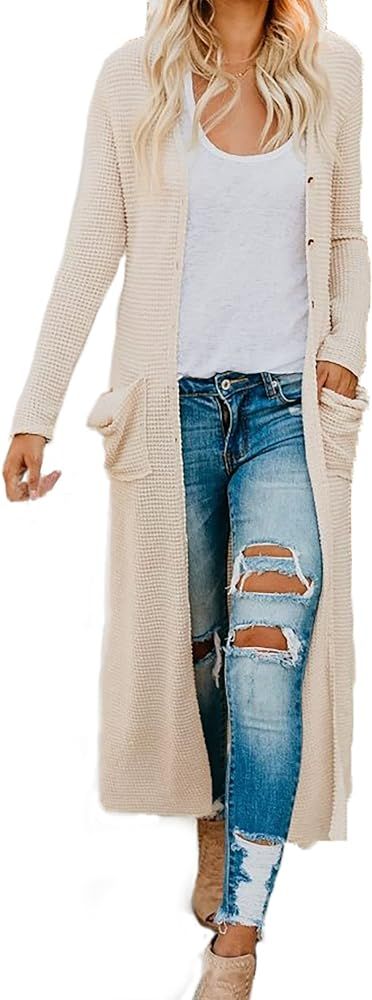 HZSONNE Women's Boho Long Casual Cardigan Long Sleeve Button Down Front Pocket Knitted Sweater Bl... | Amazon (US)