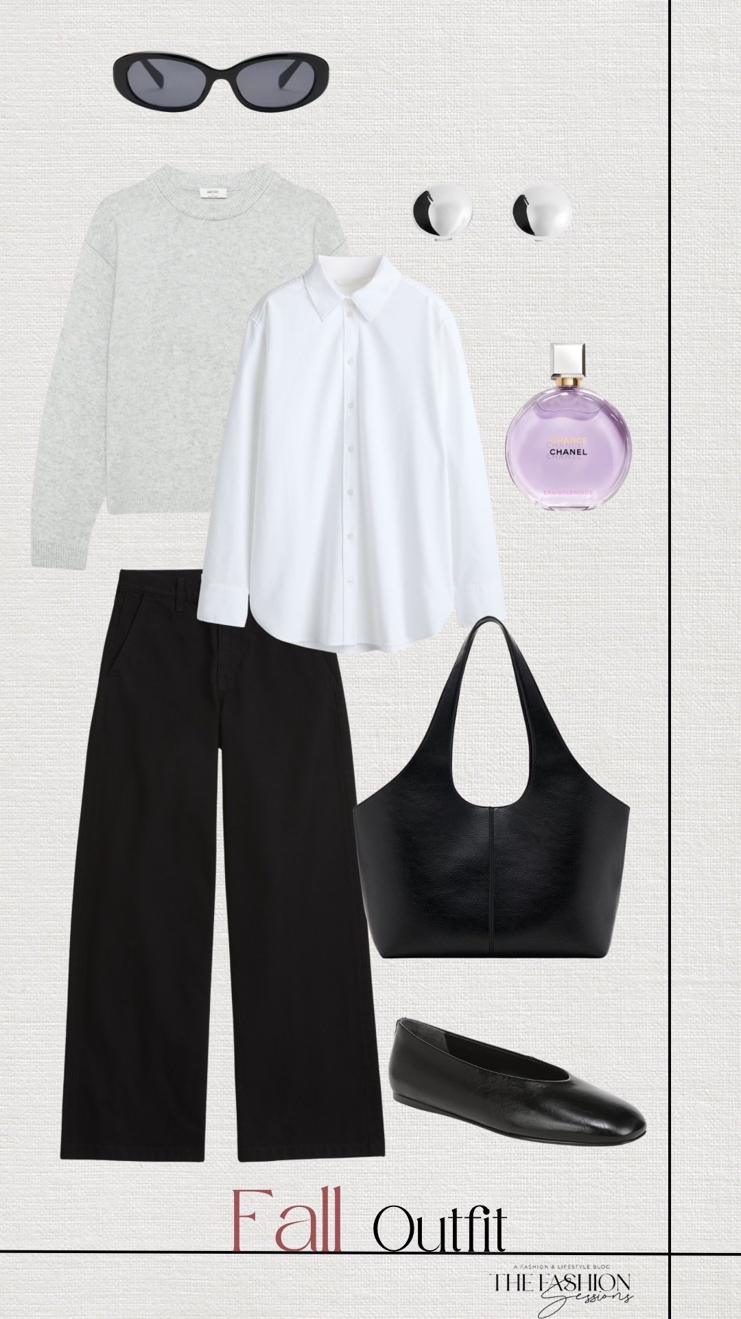 Fall Outfit | Grey Sweater | White Button Down | Black Tote Bag | Black Ballet Flats | Chanel Perfume |

#LTKootd #LTKgrwm #LTKSeasonal