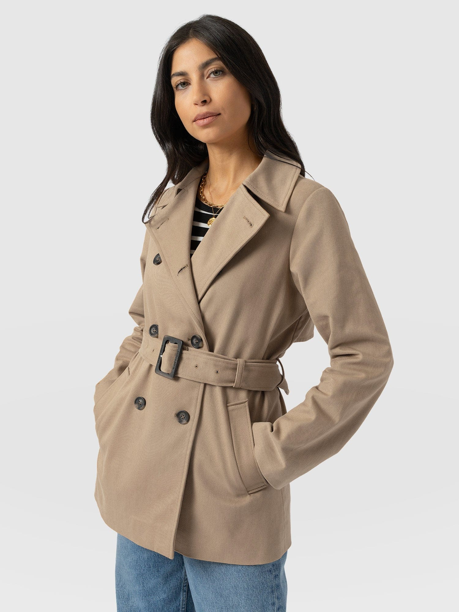 Marion Double Breasted Short Trench - Beige | Saint + Sofia