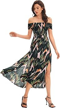 Floerns Women's Boho Floral Off Shoulder Split Long Dress, Summer Dress Outfit | Amazon (US)