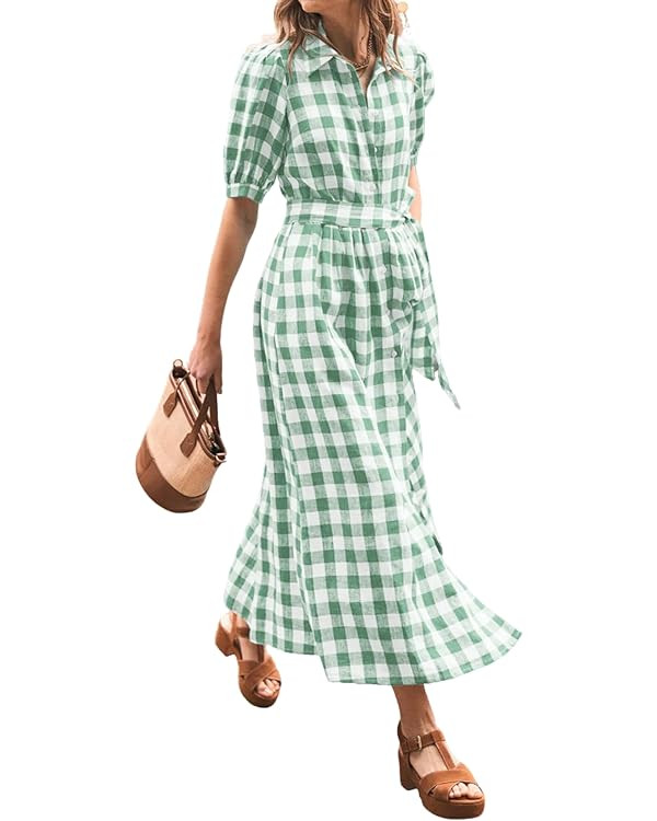 CHARTOU Women Summer Plaid Puff Short Sleeve Dress Button Down Long Shirt Dress with Belt | Amazon (US)