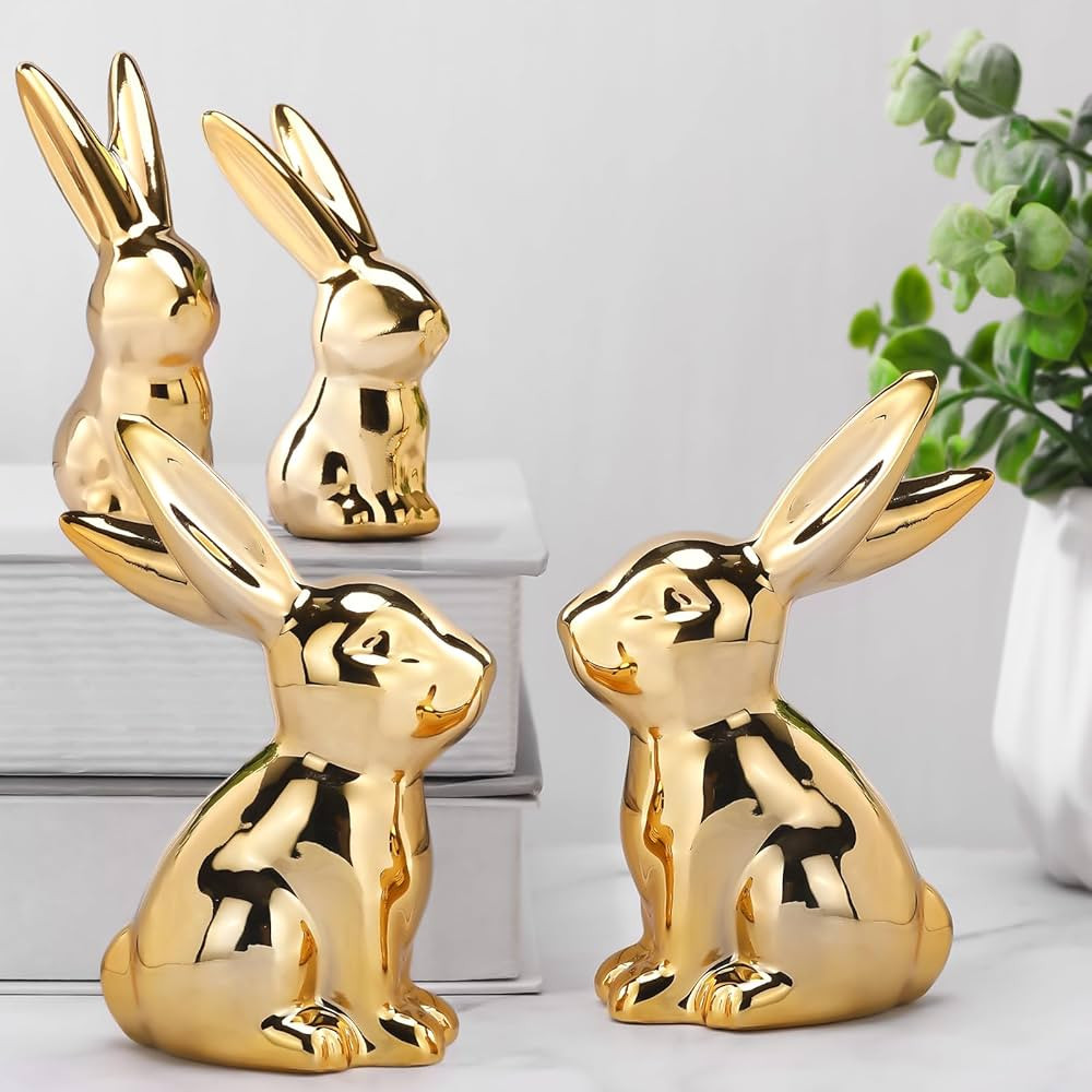 Wesiti 4 Pcs Easter Decorations Golden Bunny Figurines Set 4.5'' and 3'' Ceramic Easter Rabbit St... | Amazon (US)