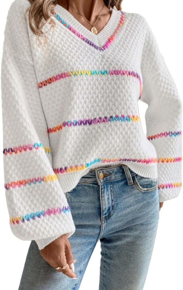 Womens Sweaters Long Sleeve Pullover Loose-Fit Striped Knit Sweater for Women | Amazon (US)