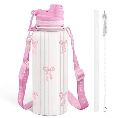 Bow Stainless Steel Water Bottle with Strap 32oz, Insulated Bottles with Straw and Spout Lid for Gym Sports Travel Outdoor, Gifts for Women Girls Birthday Christmas | Amazon (US)