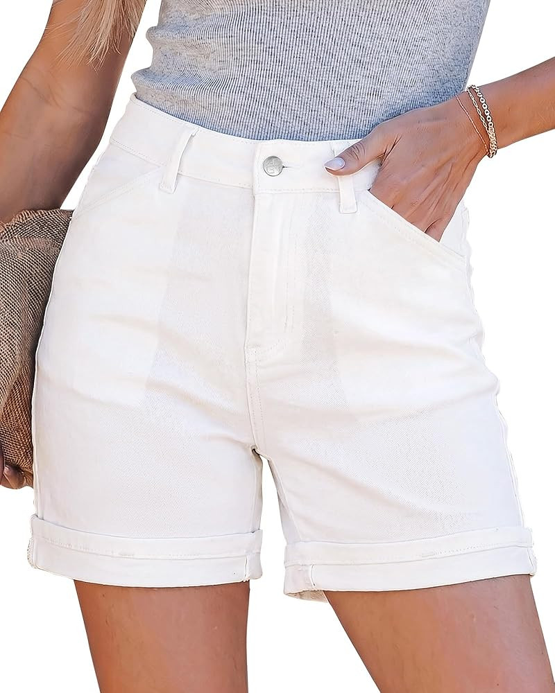 GRAPENT Jean Shorts for Women High Waisted Mid Thigh Cuffed Hem 5 Inch Inseam Stretchy Denim Shor... | Amazon (US)