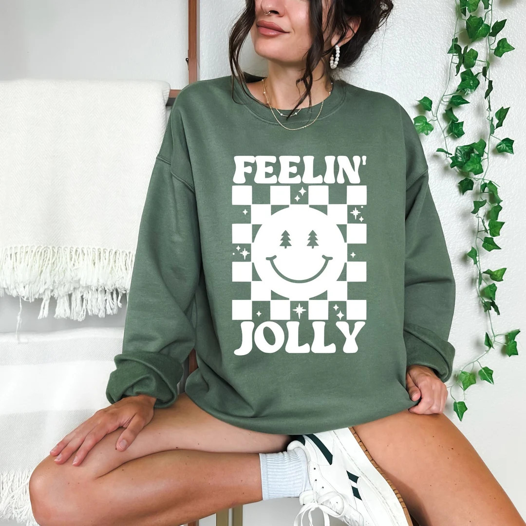 Checkered Christmas Sweatshirt Smile Face Sweatshirt - Etsy | Etsy (US)