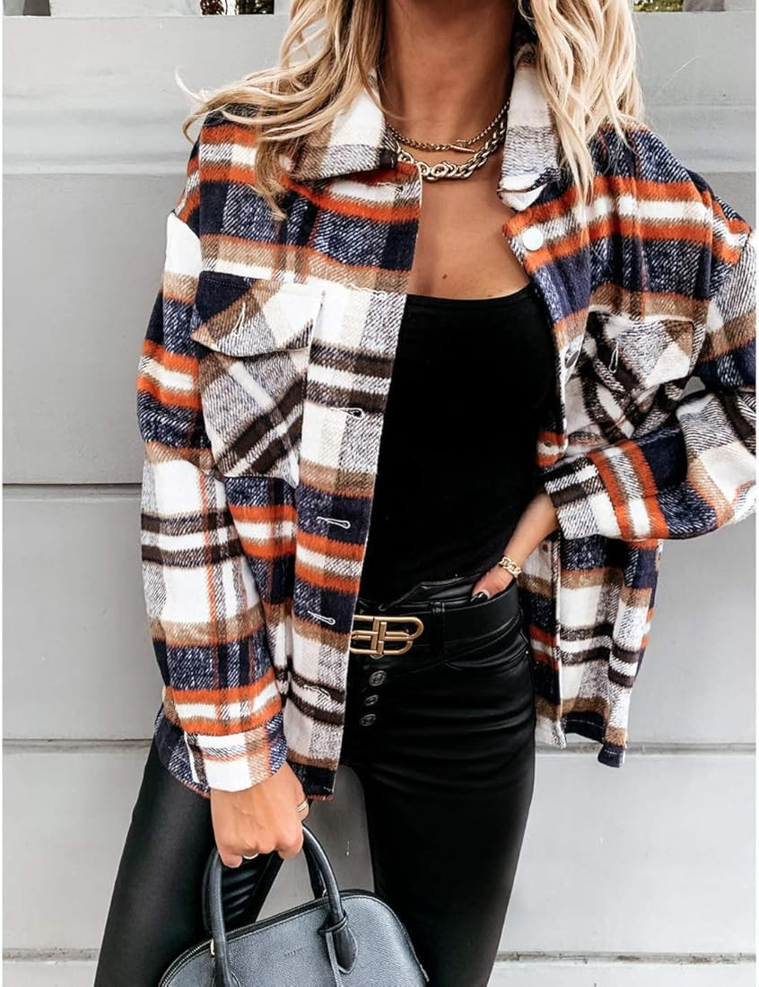 PUWEI Women's Oversized Flannel Plaid Jacket Button Down Plaid Shirt Shacket Jackets | Amazon (US)