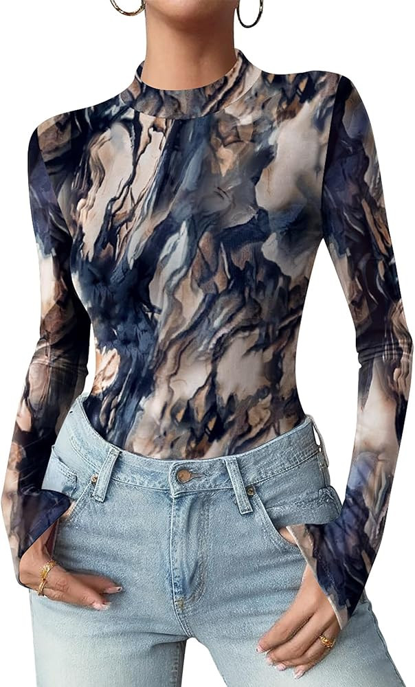 Zeagoo Womens Floral Mesh Long Sleeve Tops See Through Going Out Blouses Mock Neck Sheer Party Ou... | Amazon (US)