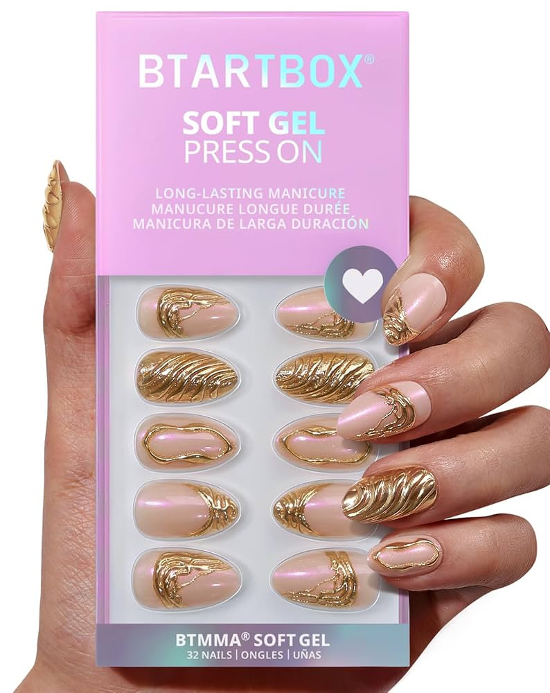 BTArtbox Press On Nails Short - 3D Gold Sculpting Almond Press On Nails with Glue for Women, Opaq... | Amazon (US)