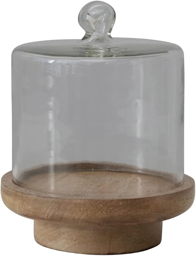 Creative Co-Op Glass Cloche with Footed Mango Wood Base, Set of 2 Pieces, 7''L x 7''W x 8''H | Amazon (US)