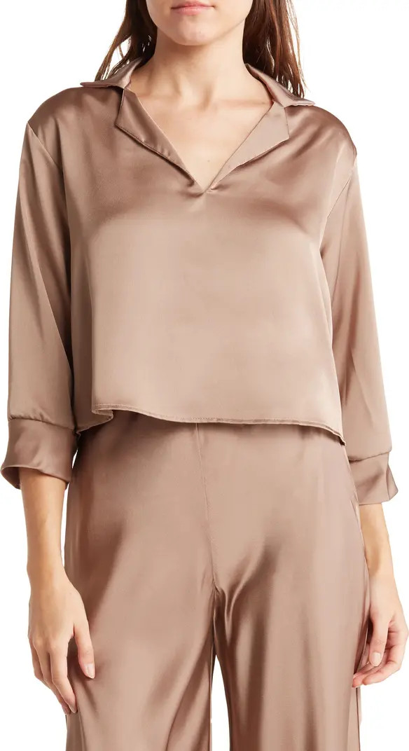 Notch Collar Long Sleeve Solid Satin Top | Nordstrom Rack