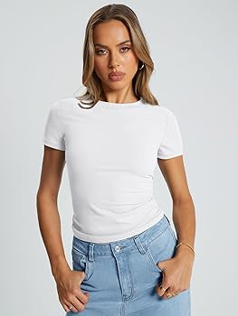 Trendy Queen Womens Basic Short Sleeve Slim Fit T Shirts Soft Crewneck Crop Y2k Tee Summer Cute G... | Amazon (US)