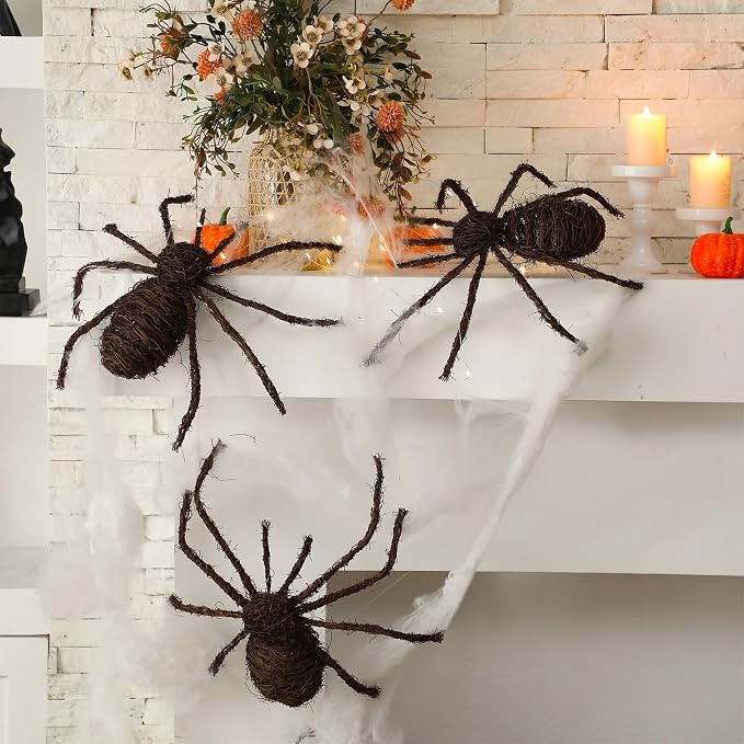 3 Pack Halloween Fake Spider Decorations 15.75" Large Rattan Woven Spider Decorations Scary Creep... | Amazon (US)