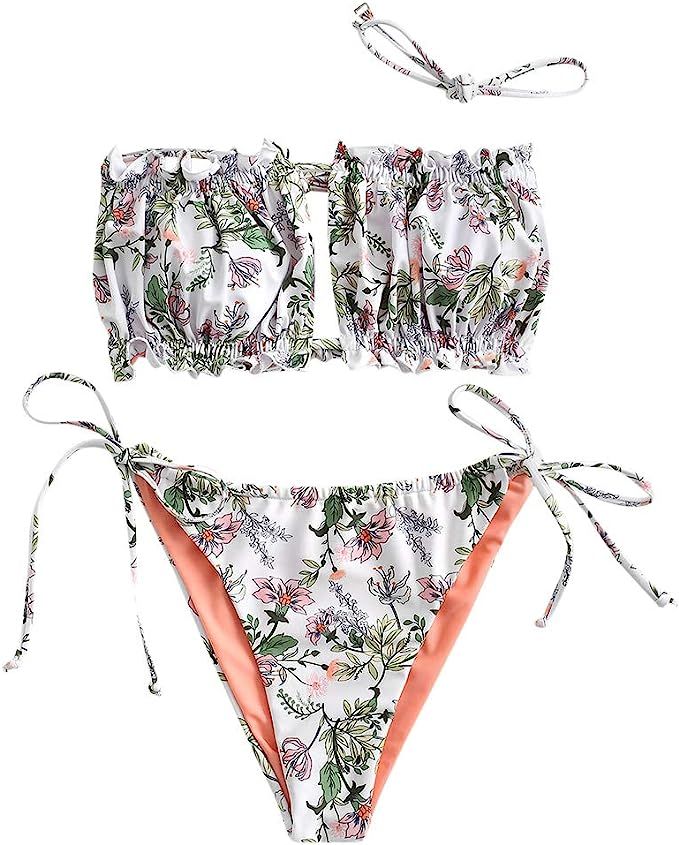 ZAFUL Women's Strapless Bikini Ribbed Tie Back Ruffle Cutout Bandeau Bikini Set Swimsuit | Amazon (US)