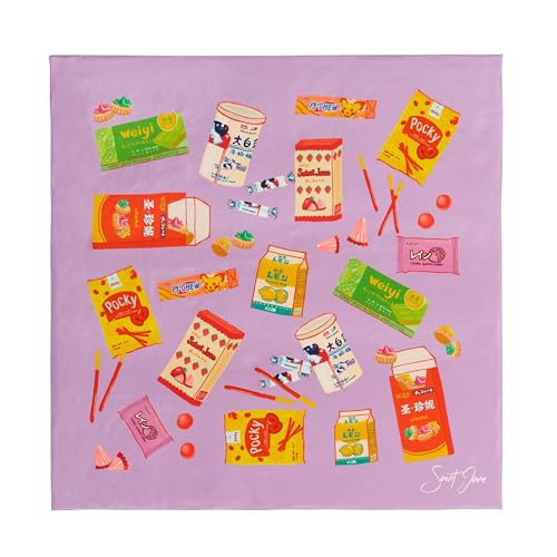 SAINT JANE Asian Snacks Silk Twill Scarf 28"x28" | 100% Mulberry Silk | Double-Sided Print | Hand-Rolled Hem Square Scarve | Lilac Candy Print Designer Fashion Scarf for Women | Gift for Her | Amazon (US)