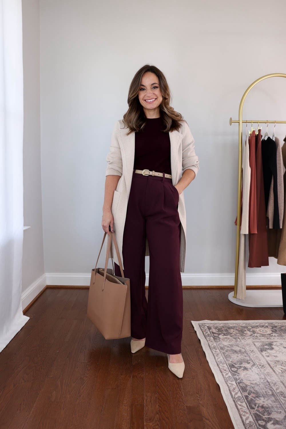 The 2025 fall workwear capsule series: purple wide leg pants six ways! 

Short sleeve sweater (Quince): xs in rich burgundy 
Duster cardigan (Amazon): xs in apricort 
Purple pants (Gap): petite 00 / 11” rise / 28” inseam 

My measurements for reference: I’m 4’10” and 105lbs. My bust, waist, and hip measurement is 32”, 24”, and 36”.

#LTKPetite #LTKWorkwear