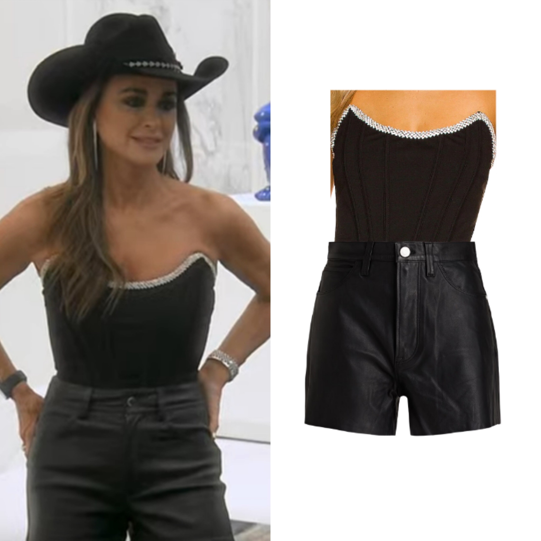Kyle Richards’ Black Embellished Strapless Top and Leather Shorts 