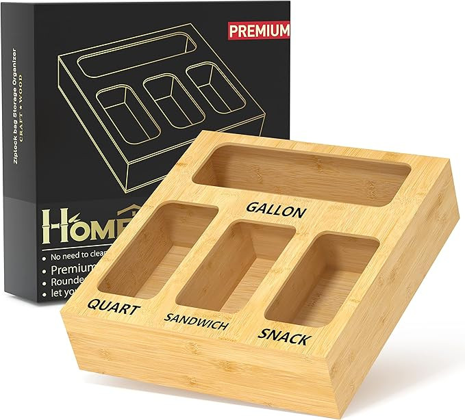 Ziplock Bag Storage Organizer for Drawer - Bamboo Kitchen Food Storage Bag Organizer Holders, Gal... | Amazon (US)