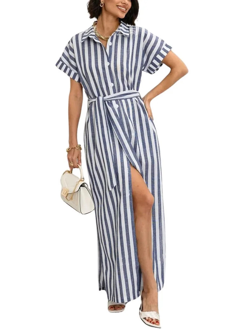 sicmoss Women's Summer Short Sleeve Striped Shirt Dress Beach Maxi Long Belted Casual Button Down... | Walmart (US)