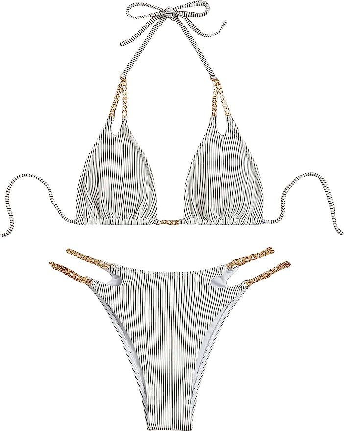 GORGLITTER Women's 2 Piece Striped Swimsuit Tie Back Cut Out Halter Bikini Set Chain Bathing Suit... | Amazon (US)