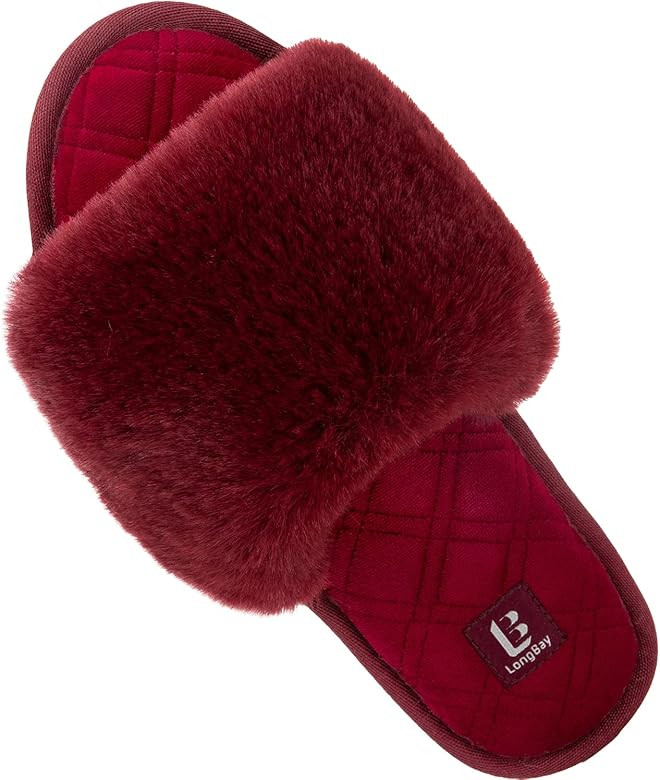 LongBay Women's Fuzzy Faux Fur Memory Foam Cozy Flat Spa Slide Slippers Comfy Open Toe Slip On House | Amazon (US)