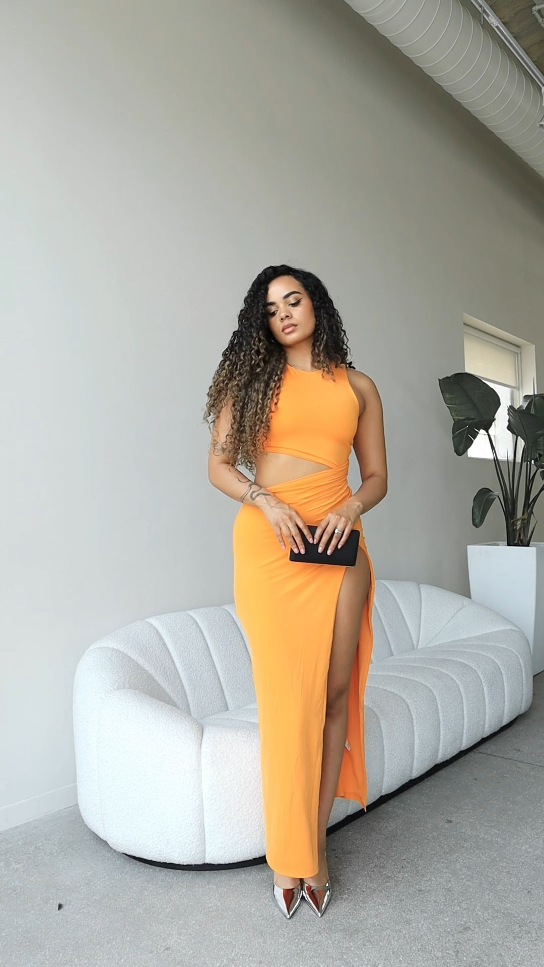 Orange dress, silver heels, brunch outfit 