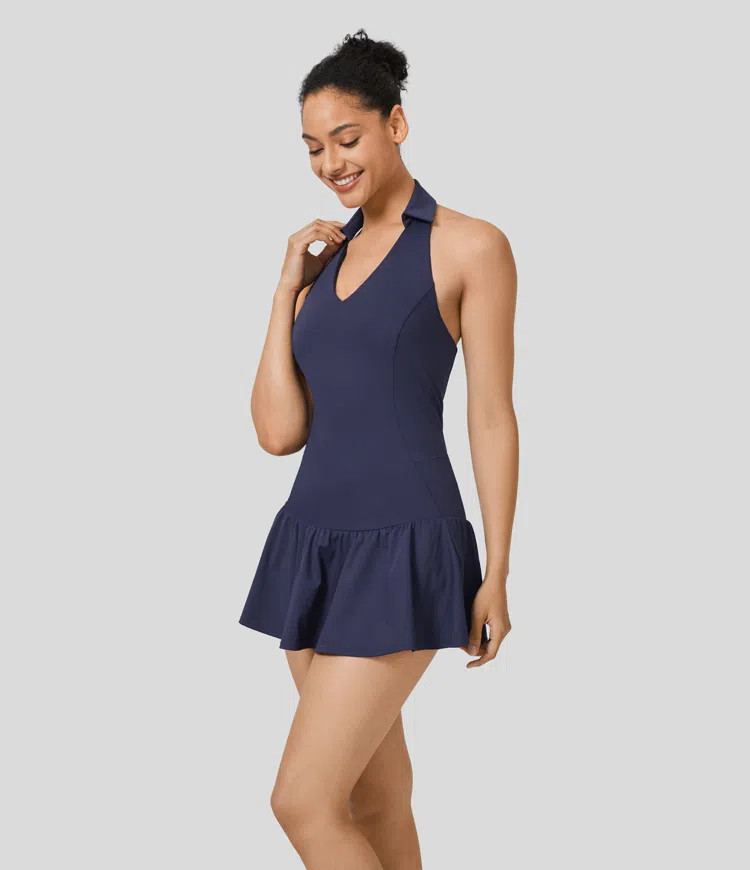 Women’s Halter Backless Ruffle Hem 2-Piece Pocket Micro Quick Dry Golf Active Dress-Golf Tee Po... | HALARA