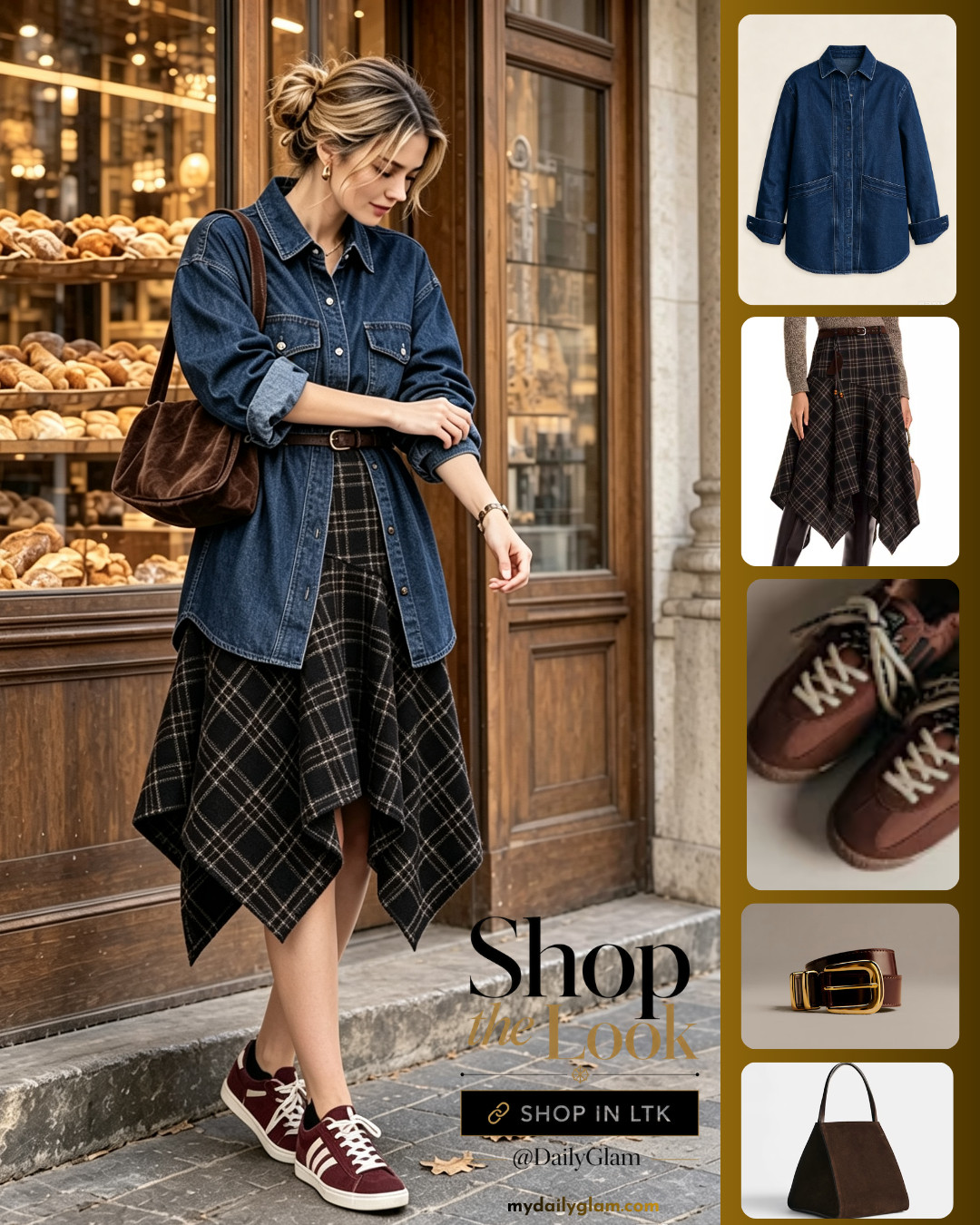 Casual Bakery Fall Outfit | Oversized Denim Shirt + Asymmetrical Plaid Skirt

#DenimShirt #PlaidSkirt #FallBrunchOutfit #CasualFallOOTD #AsymmetricalSkirt #TransitionalStyle #EverydayFall 

 #LTKootd #LTKOver40 #LTKWorkwear