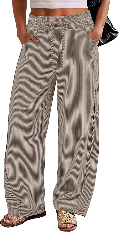Womens Striped Barrel Casual Pants 2026 Trendy Summer Elastic Drawstring Baggy Lounge Wide Leg Tr... | Amazon (US)