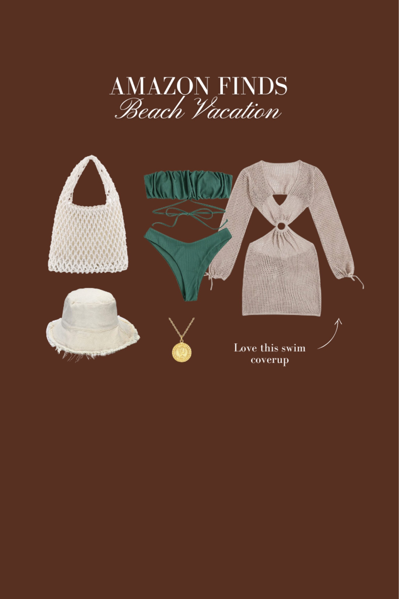 #Amazon beach vacation essentials! Everything is affordable and budget friendly. I love the neutral swim coverup along with the beach tote and bucket hat which is so trendy right now. Pair it with the 2 piece swimsuit (available in other colors) and this gold coin necklace which goes with so many other beach outfits! #AmazonFinds #VacationStyle #VacationFashion 

#LTKswim #LTKFind #LTKunder100