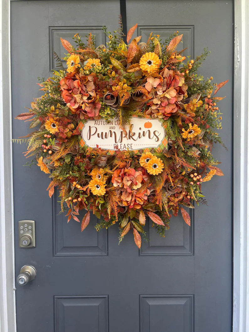 Fall Wreath with Sign, Autumn Wreath, Fall Wreath with Hydrangeas, Traditional Fall Wreath, Orang... | Etsy (Global)