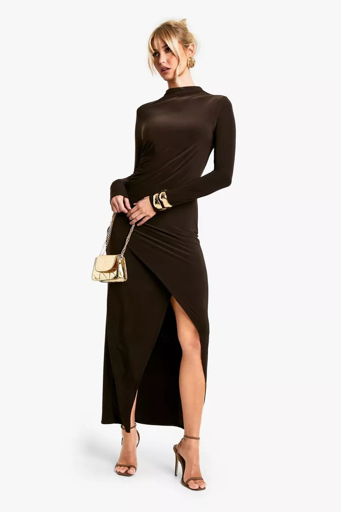 Ruched Waist Long Sleeve Split Maxi Dress | boohoo (US & Canada)