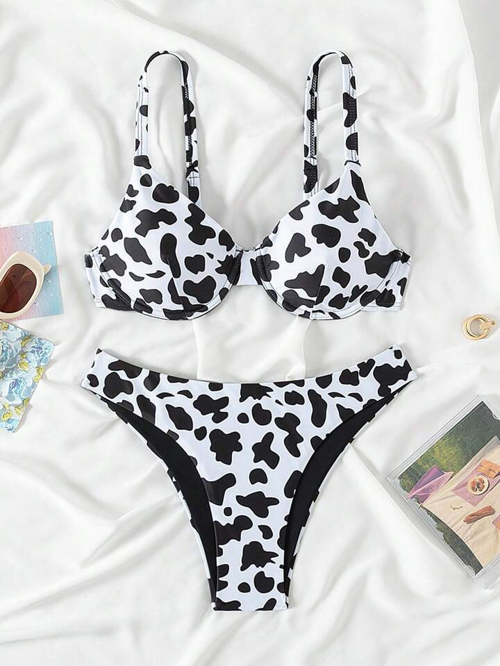SHEIN Swim Y2GLAM Women'S Swimsuit Set With Underwire And Cow Print Design | SHEIN