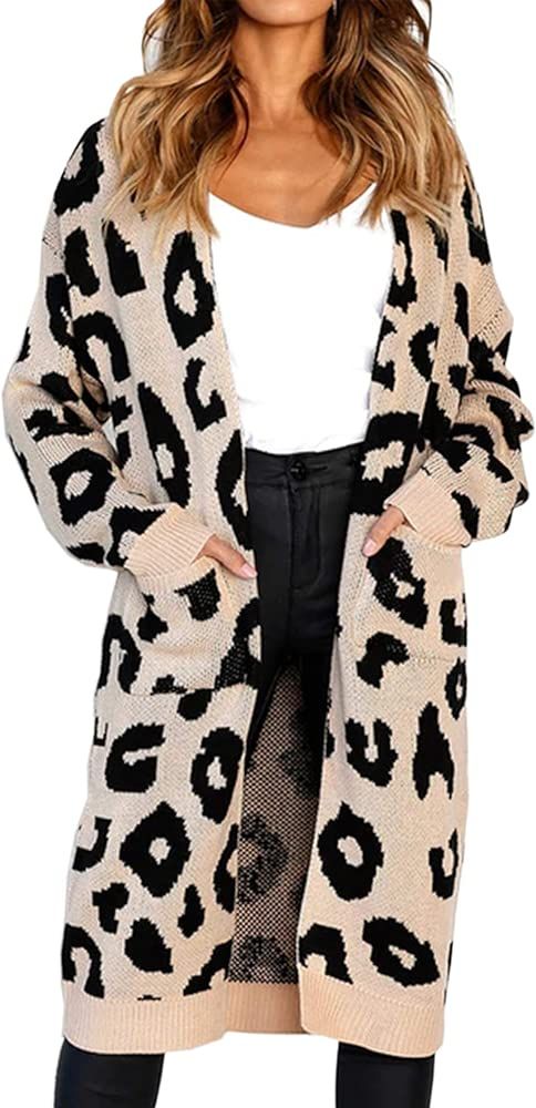 Women's Long Sleeves Leopard Print Knitting Cardigan Open Front Warm Sweater Outwear Coats with P... | Amazon (US)